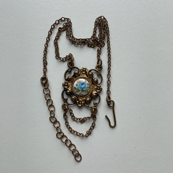 Vintage Gold Blue Rose Filigree Antique Necklace - Picture 2 of 4